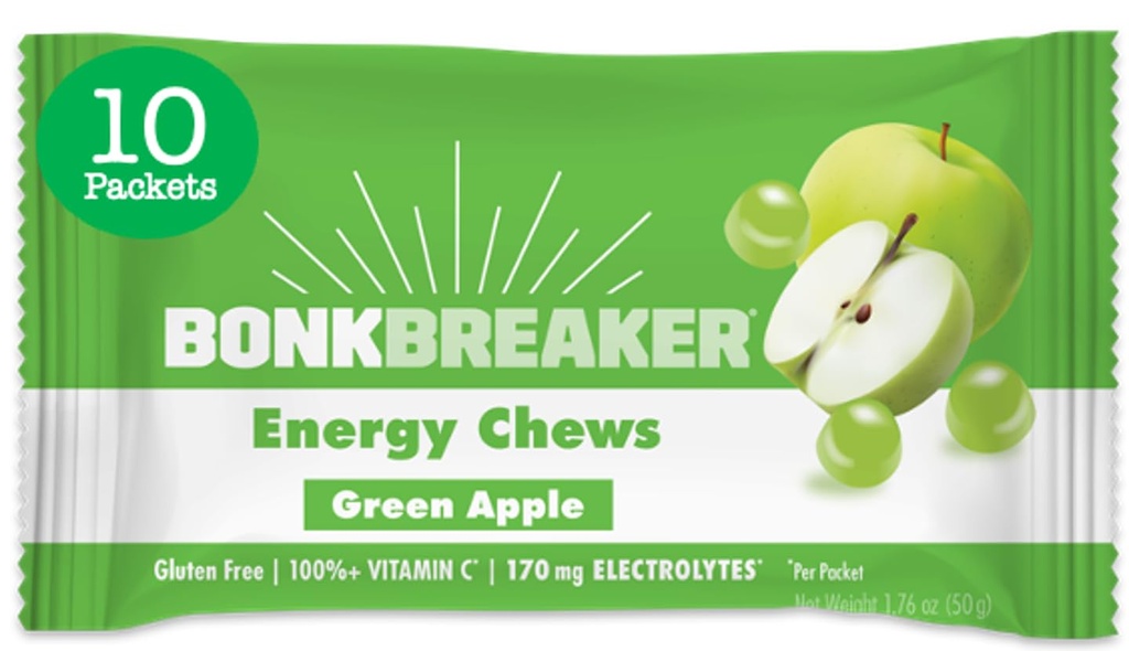 Bonk Breaker Energy Chews, Ingredientes sem leite e sem glúten para fornecer energia rápida e foco, 1 caixa de 10 pacotes, Apple verde