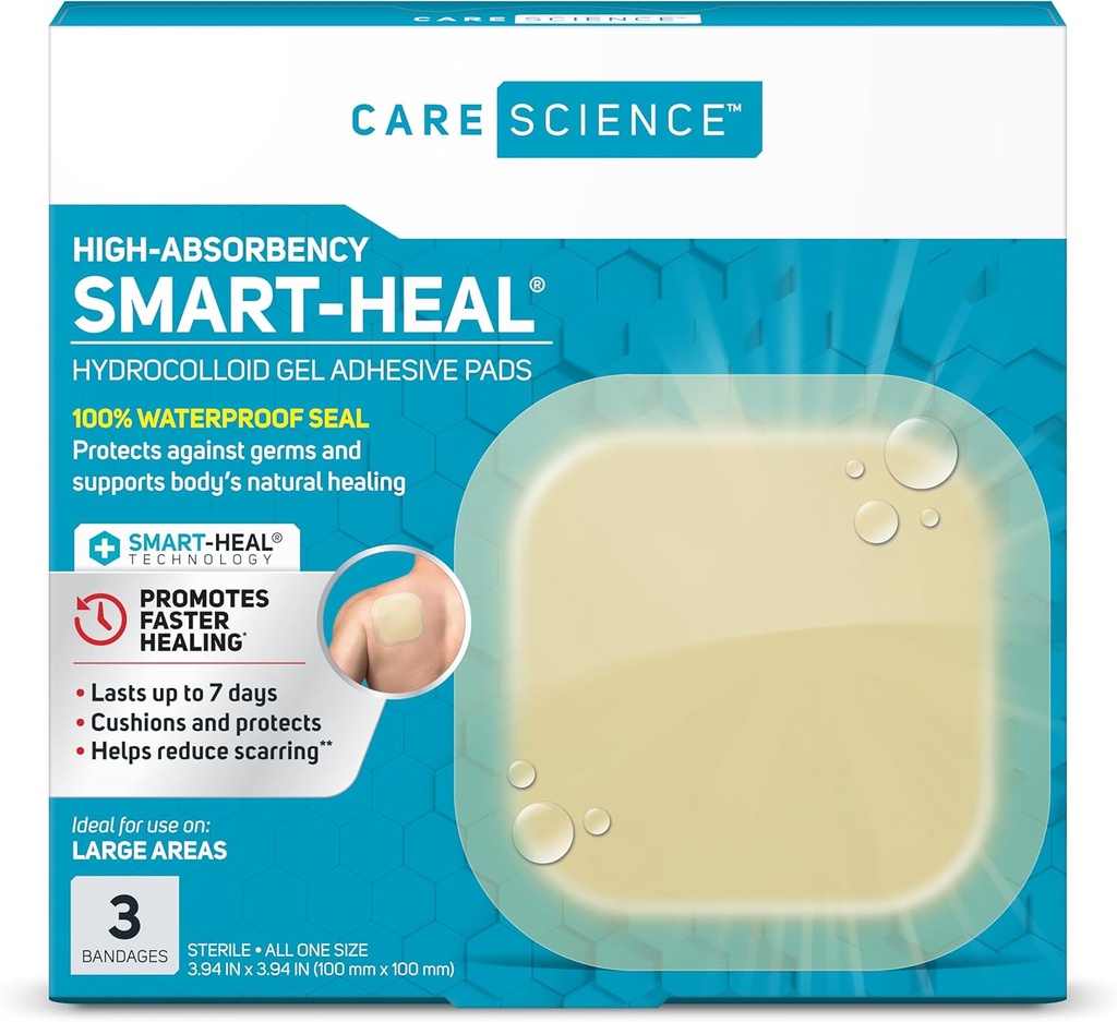 Cuidados Ciência Faixas de hidrocolóide de cura inteligente, extra grande , 100% selo impermeável (4 em x 4 em, 3CT)