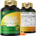 Vitamina D3 10000 UI Plus K2 (MK-7) 100mcg, Vegan Vitamina D3 K2 com açafrão, magnésio e zinco para absorção de cálcio, Saúde óssea e imunológica, Óleo de coco para alta absorção, Fácil de engolir, 120 Cts