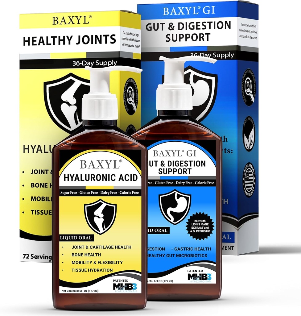 BAXYL & BaxylGI Pacote de Pacotes - (6 fl oz Cada) - Suplemento de Junta de Ácido Hialurônico e Hylarunonan Amaferm Suplemento Digestivo Prebiótico.