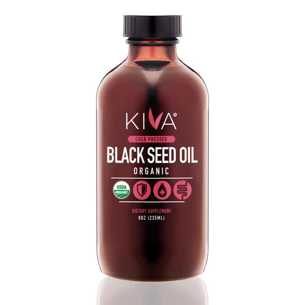Óleo de semente preta orgânica Kiva - Ultra alta 3X Thymoquinone (TQ), prensado a frio, 100% Turco Nigella Sativa Óleo de semente, All-Natural Não-GMO Suplemento - Vegan, 8 onças (235 ml) Garrafa de vidro
