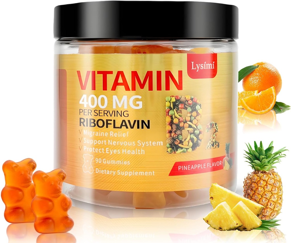 Vitamina B2 Gummies, Vitamina B2 Riboflavina Gummies 400mg com Magnésio & Coq10, alívio de enxaqueca e alívio da dor de cabeça, para crianças e adultos, 90 chicletes mastigáveis (1)
