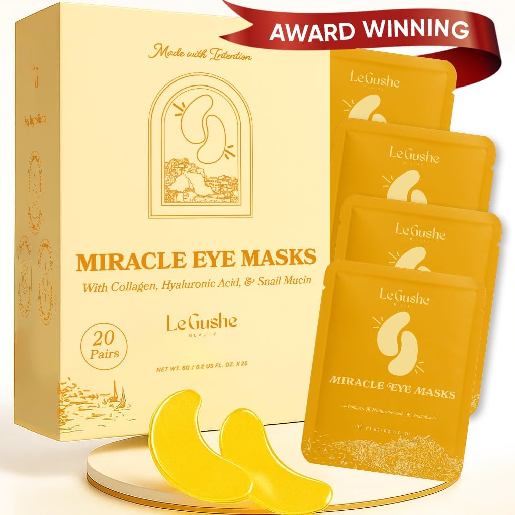 LE GUSHE Gold Under Eye Patches para Puffy Eyes and Dark Circles (20 pares) - Hydrating Colágeno Sob Máscaras Oculares com Caracol Mucin - calmante Puffy Olhos Tratamento para Mulheres e Homens - Presentes de Noiva
