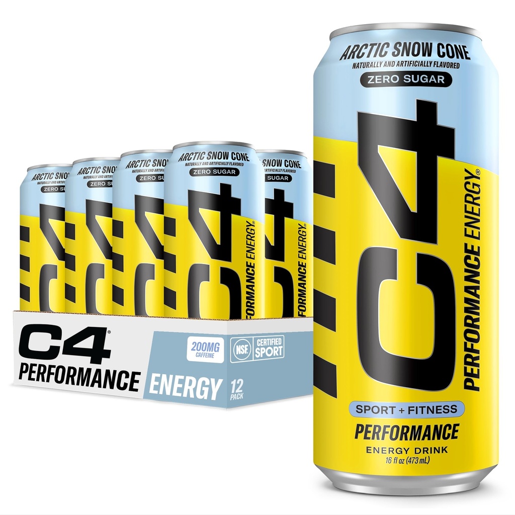 Cellucor C4 Carbonado Zero Sugar Energy Pré-treino Bebida + Beta Alanine, (NOVO) Espumante Cone de Neve Ártico, 16 Fl Oz, Pacote de 12