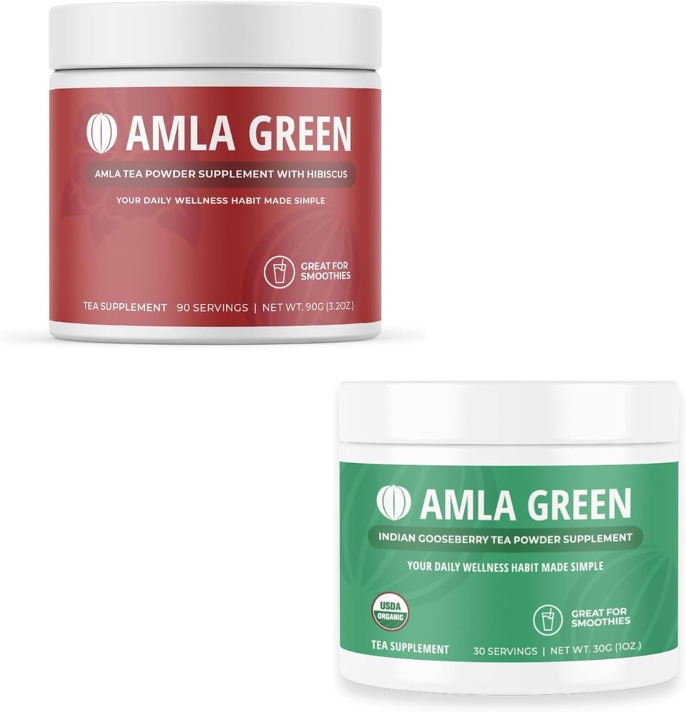 Amla Powder & Green Chá Suplemento Superalimentar, Apoio antioxidante, Feito com Hibiscus (90 Servings) & Groselhas indianas (30 Servings), Orgânico, Vegan
