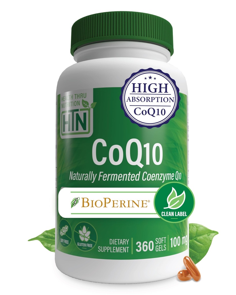 Saúde Thru Nutrition CoQ-10 100mg com BioPerine 360 Softgels □ Alta Absorção Naturalmente Fermentado USP Grau Coenzyme Q10 Suplemento