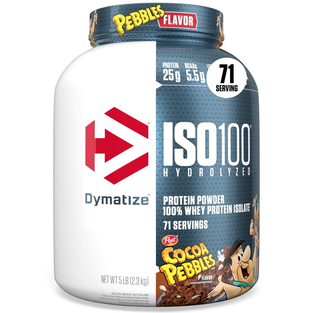Dymatize x Cacau Pebbles ISO100 Whey Protein Powder Isolate, 25g de proteína, 5,5g BCAAs, 120 Cal., Gluten Free, 1g Fat, 1g Sugar, 2g Carb (71 Servings)