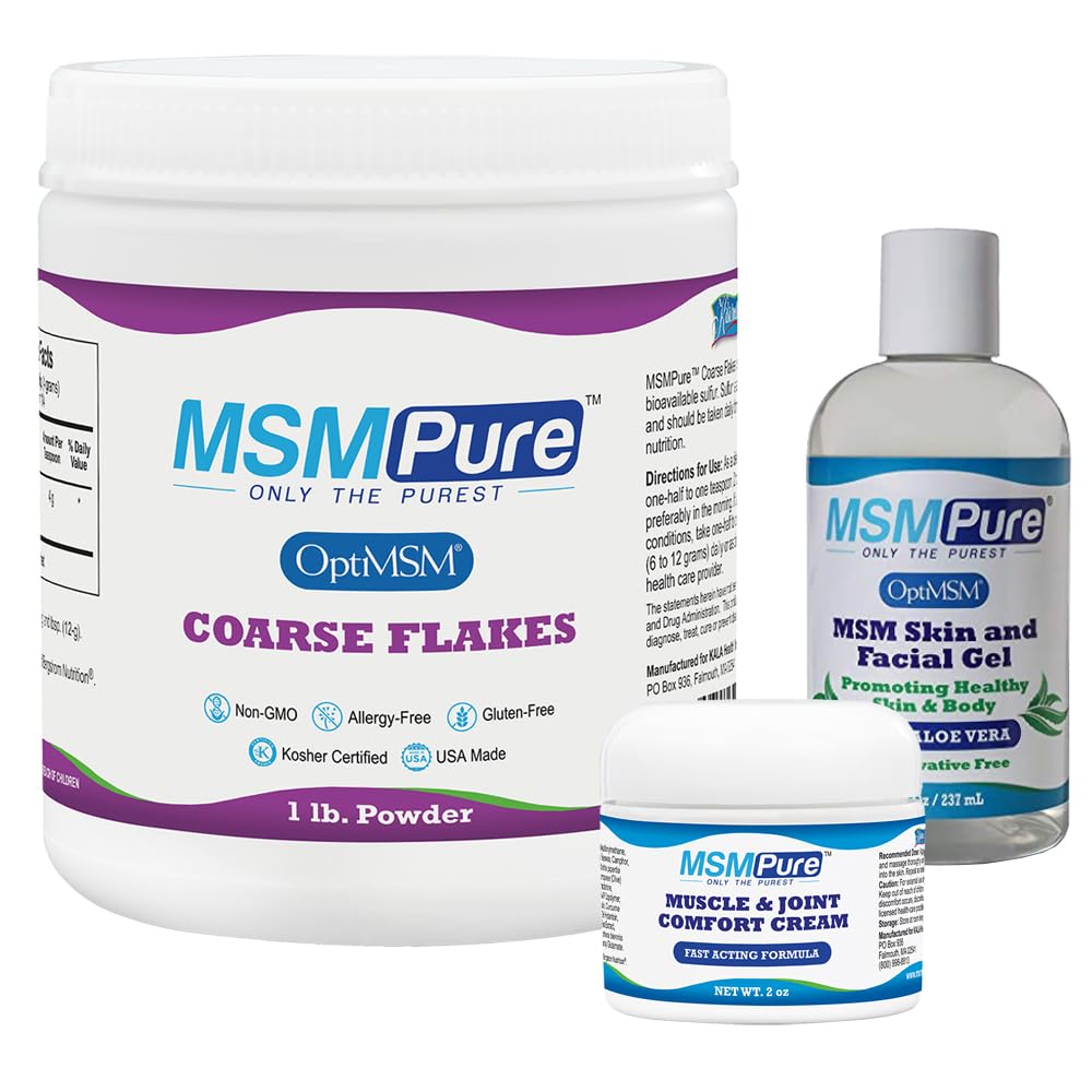 KALA SAÚDE MSMPure Starter Bundle com MSM Coarse Flakes 1lb, MSM Muscle & Joint Cream 2oz e HSH Gel com Aloe 8oz orgânico