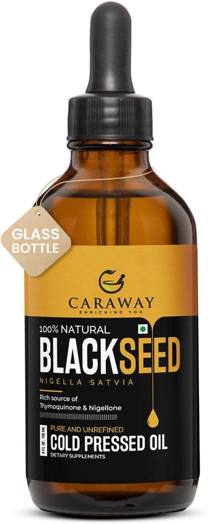 CARAWAY Óleo Orgânico de Sementes Negras - Óleo Frio Pressionado Nigella Sativa - Puro e não refinado - Rico em Timoquinona para suporte imunológico, cuidados com o cabelo e a pele