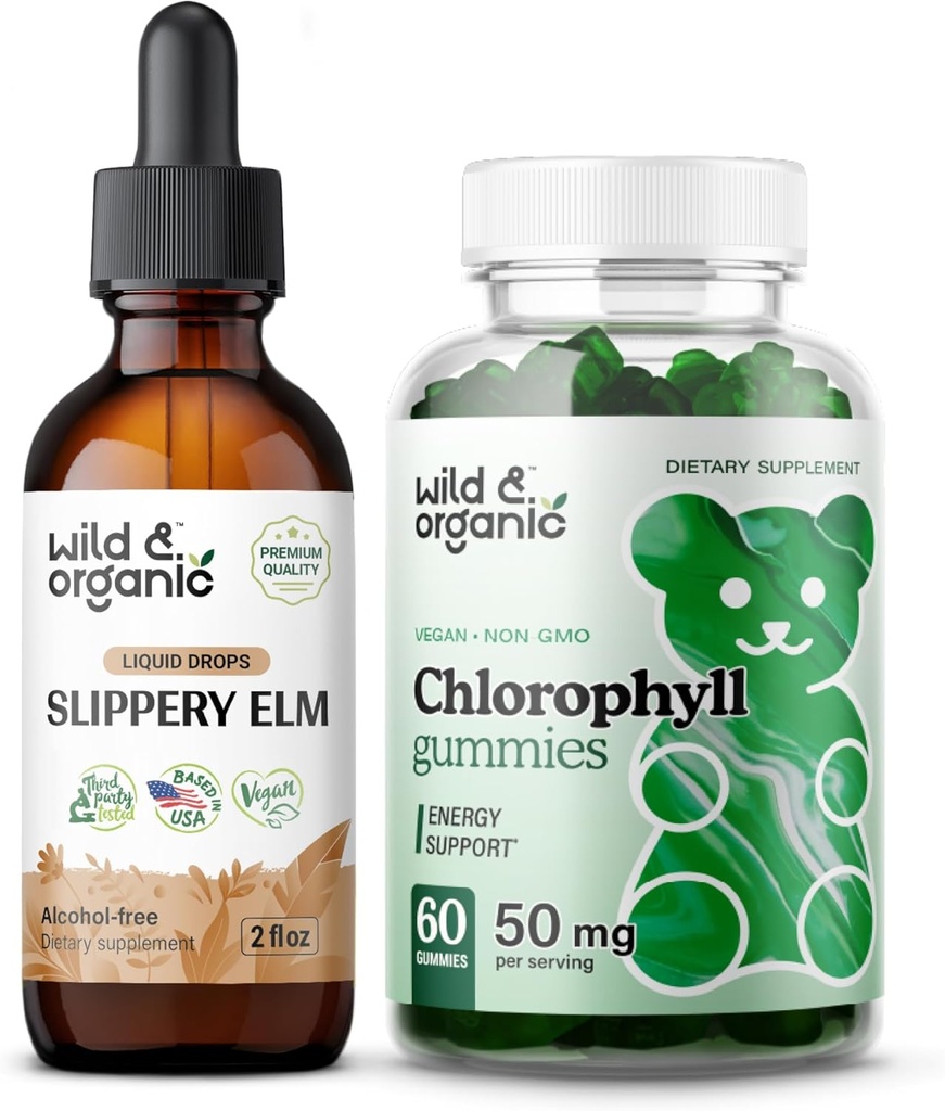 Wild & Organic Slippery Elm Tintura 2 fl oz & Clorophyll Gummies 60 Mastigações