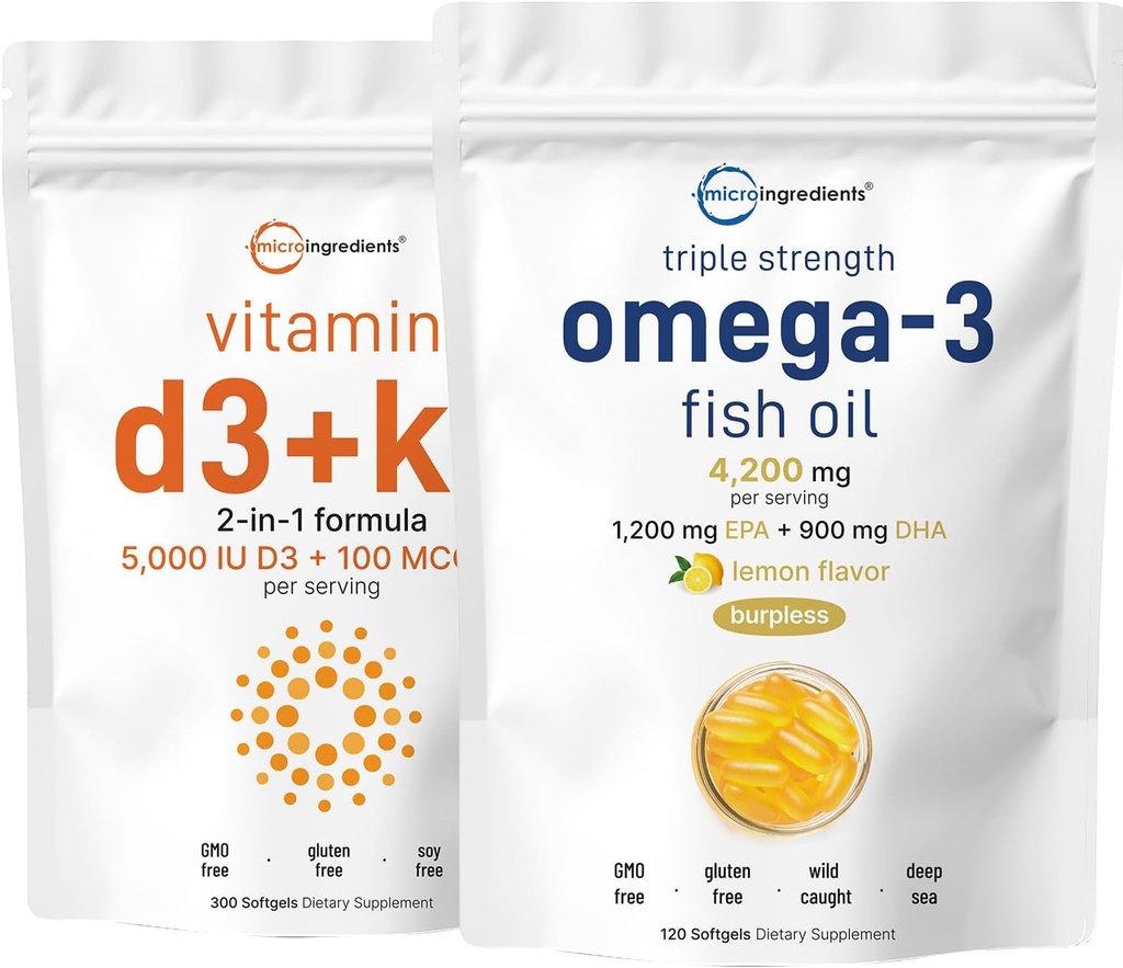 Micro Ingredientes Vitamina D3 5.000iu + K2 100mcg Softgels & Omega-3 Fish Oil 120 Softgels Bundle 2 Pack O essencial de Vitaminas Sunshine