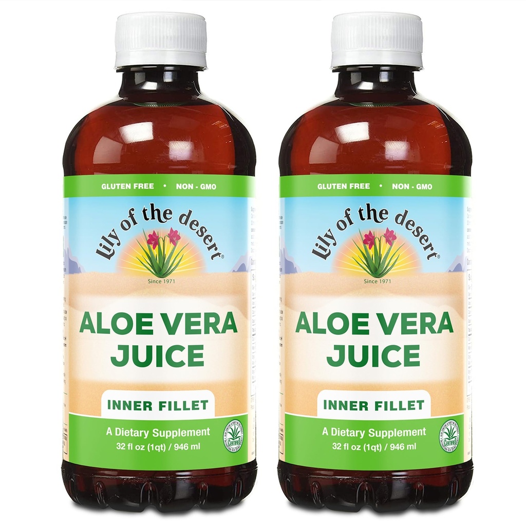 Lily Of The Desert Organic Aloe Vera Juice 2-Pack – Fillet interior, Gut Natural & Suporte Digestivo, Alivio estomacal, 32 Fl Oz Ea