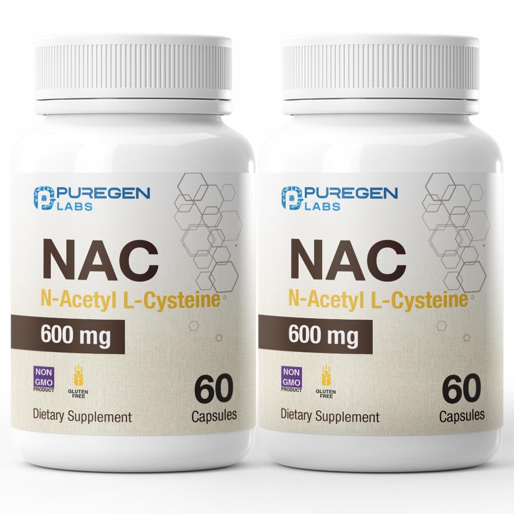 Puregen Labs N-Acetil-L-Cisteína (NAC) 600mg, Suporta Imune, Respiratória, Saúde do Fígado, NAC 600 mg, Apoio antioxidante potente, Radicais Livres, Fácil de Absorver - Total 120 Cápsulas Veggie