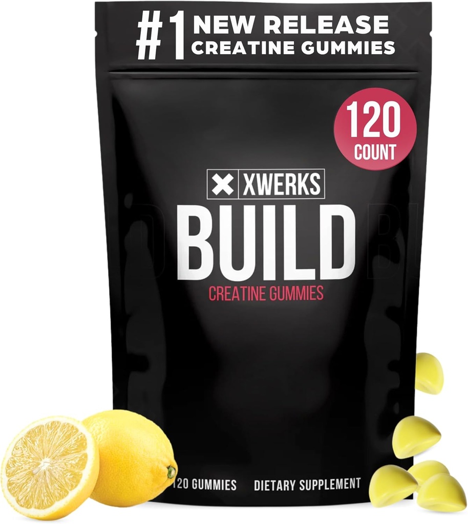 Xwerks construir gomas creatinas para homens e mulheres, 120 contagem, 100% puro Creatina mono-hidratado, Lemon Flavored Muscle Building Gummies 4g por serviço, Anti derretimento pré-treino, 5000mg Creatina total