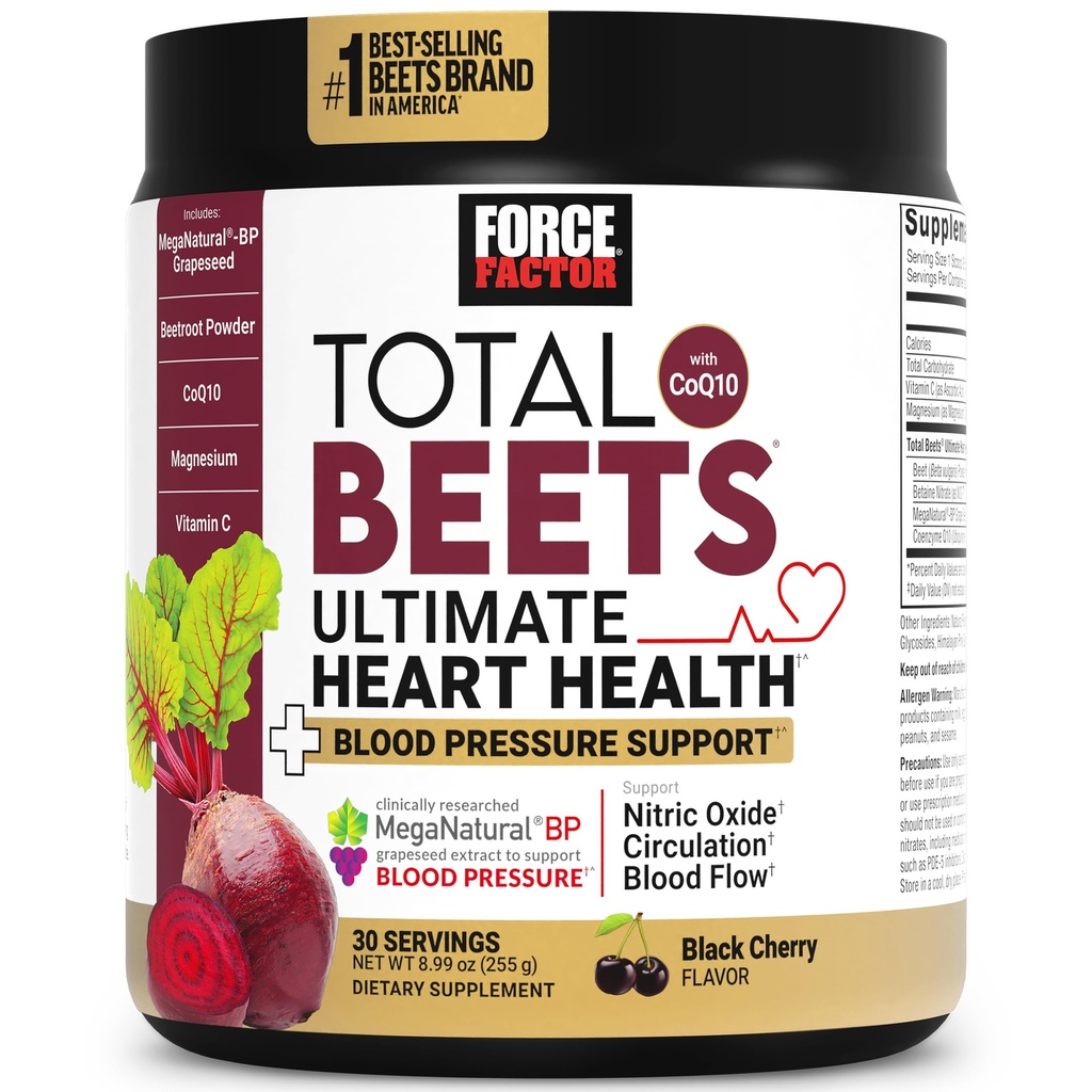 Força fator total beterrabas Ultimate Heart Health Suporte de pressão sanguínea com CoQ10, raiz de beterraba em pó, extrato de semente de uva, suplemento de pressão sanguínea para circulação, cereja preta, 30 Servings