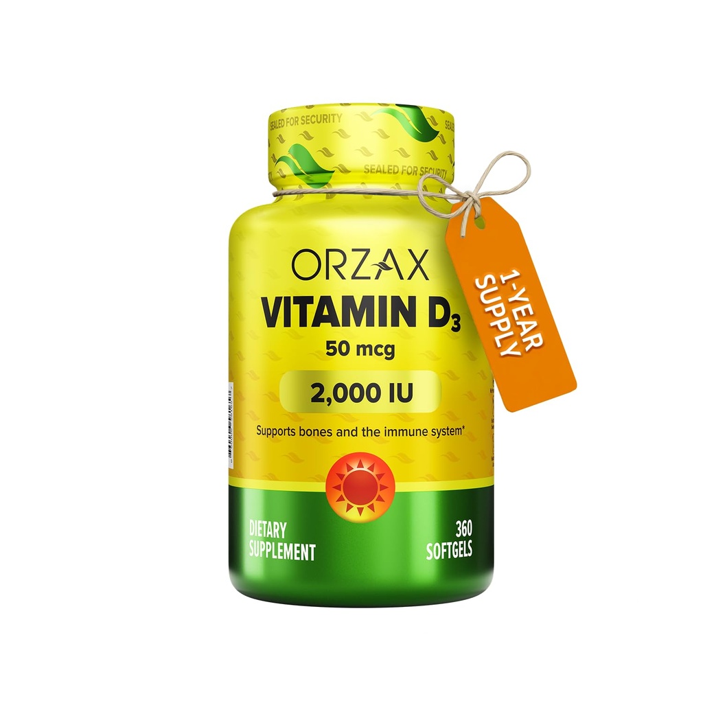 ORZAX Vitamina D3 2000 iu (50 mcg) – Não-GMO, sem glúten, sem açúcar, sem leite – 1 ano de fornecimento para forte função muscular e apoio imunológico – Suplemento de humor para bem-estar (360 Softgel)