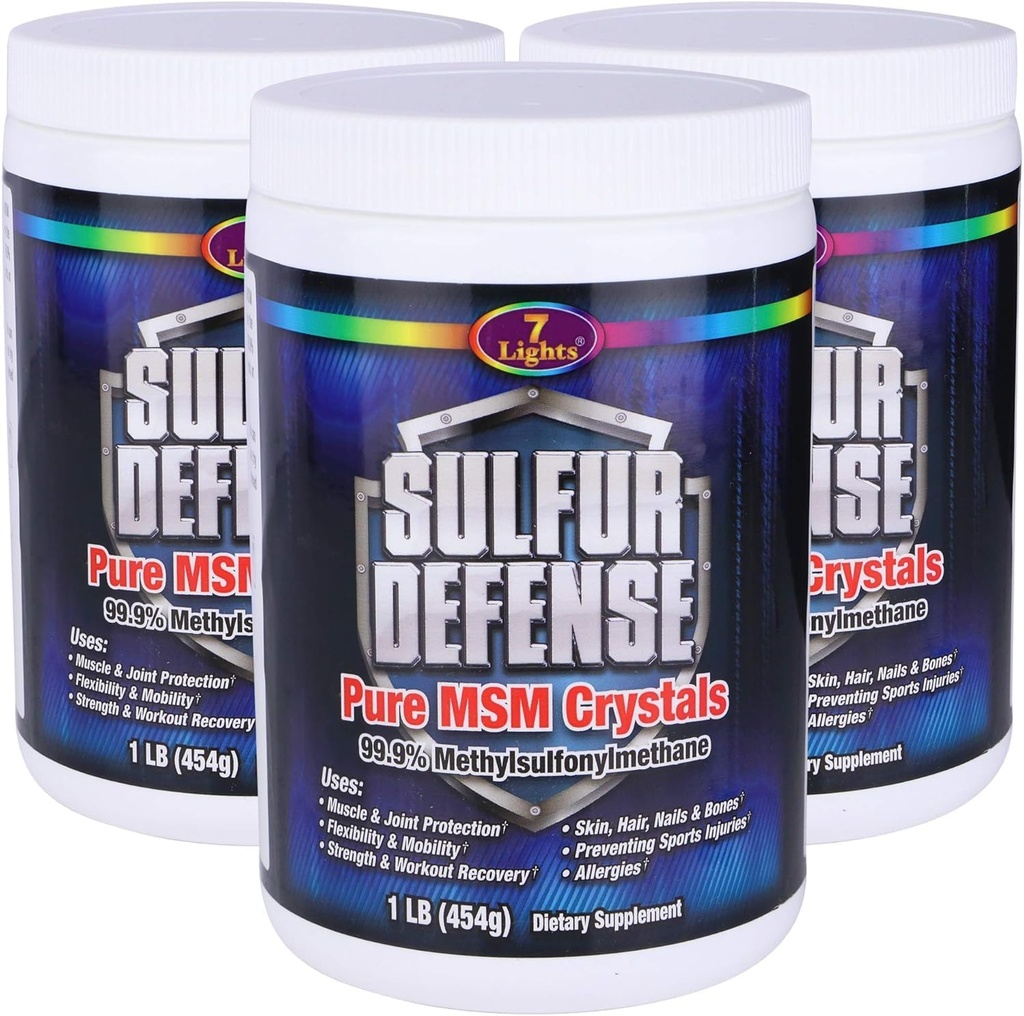 7 Luzes Enxofre Defesa Opti-MSM 99,9% Puro HSH Pó □ Suplemento dietético para articulações, pele e suporte imunológico – Metilsulfonilmetano orgânico, Vegan, Não-GMO, Gluten-Free – Made in USA (3 x 1 LB)