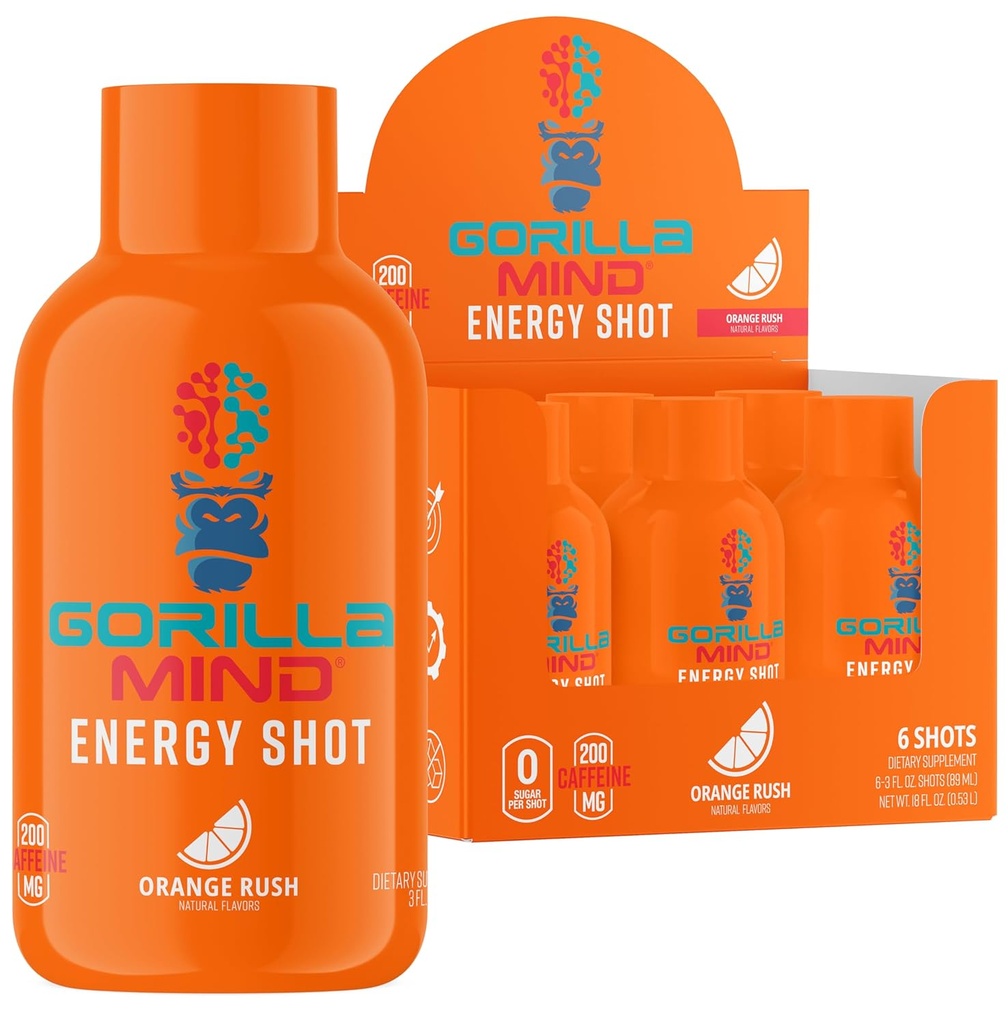 Modo Gorila Energia Tiros (6-Pack) - Energia Tiros para melhor Foco & Energia, Livre de Açúcar, Agitação Rápida, Fórmula Potente com Vitaminas e Extratos Naturais (Orange Rush)