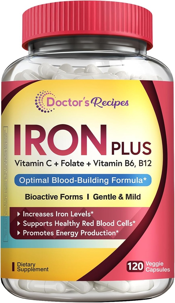 Recipes Doctor Suplemento de Ferro para Mulheres Homens - Gentil Bisglicinato de Ferro com Vitamina C, B6, Folato & B12 - Pílulas de Ferro Não Constipantes e Estômago Friendly para Sangue e Apoio Energético, 120 Caps Vegan