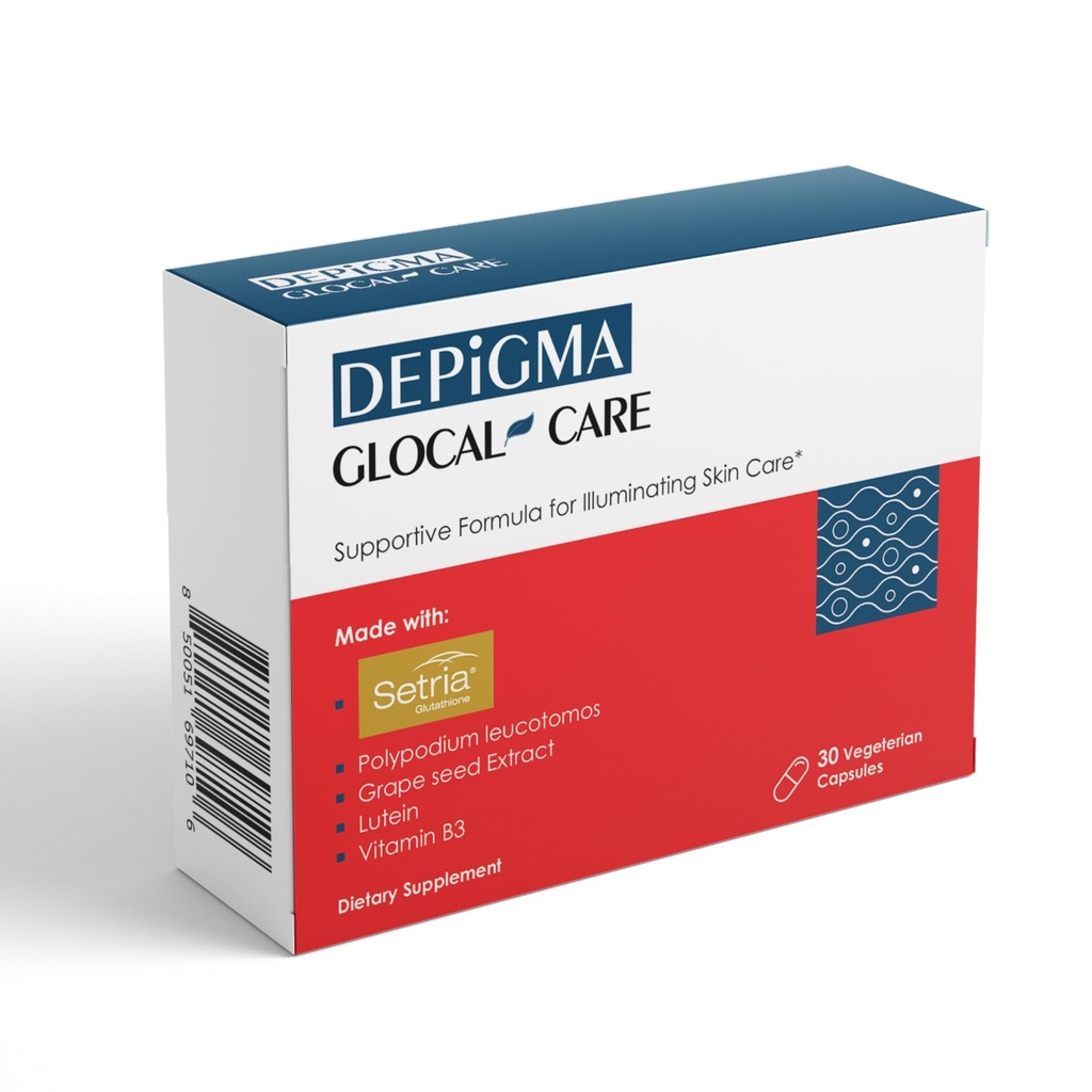 GlocalCare Depigma Suporte Redução de Hiperpigmentação, Melasma e Manchas Negras com Glutationa, Polypodium Leucotomos, Sementes de uva e Extrato de Marigold