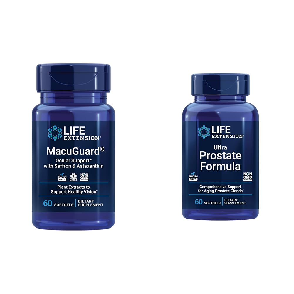 Extensão de vida Suporte Ocular Macuguard com açafrão e astaxantina 60 Count e Ultra Prostate Formula Saw Palmetto 60 Softgels