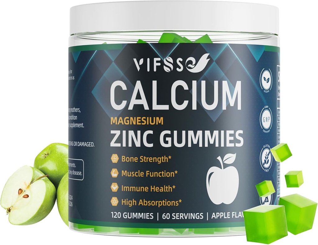 Calcium Magnesium Zinc Gummies 600mg com vitamina D3 K2, 120 chicletes planta baseada em pastilhas de cálcio sem açúcar Complexo de alta absorção Suplemento de cálcio 70+ Trace Minerals para força óssea, Vegan