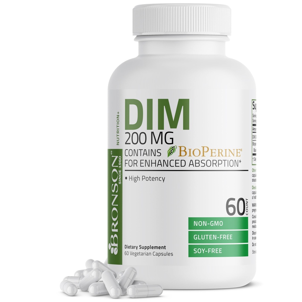 Bronson DIM 200 MG Suplemento Diindolimetano com BioPerine para Absorção Enhanced, Metabolismo de Estrogênio & Mantém Níveis de Hormônio Equilibrado, 60 Cápsulas Vegetarianas