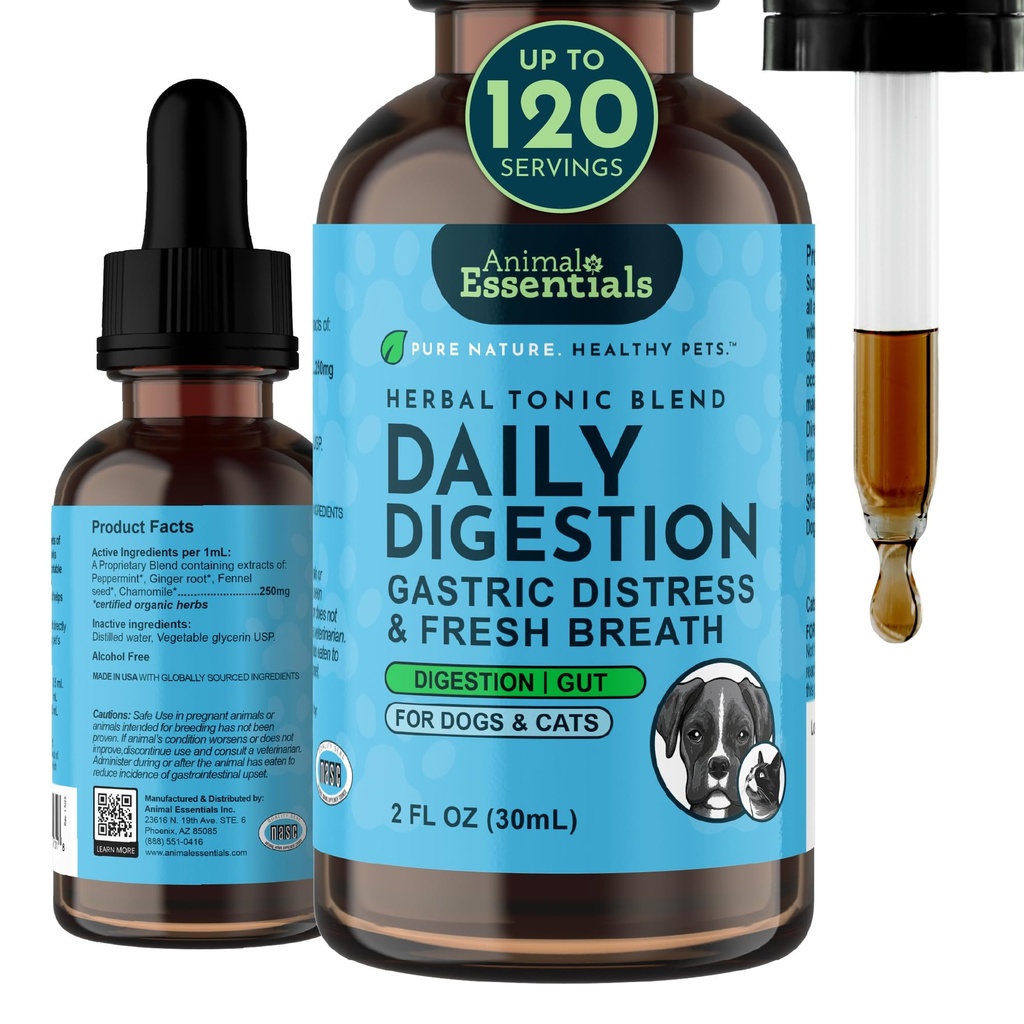 Digestão diária de essências animais para cães e gatos - suporte digestivo, respiração fresca, raiz de gengibre, extrato de sementes de funcho, suplemento líquido - 2 Fl Oz