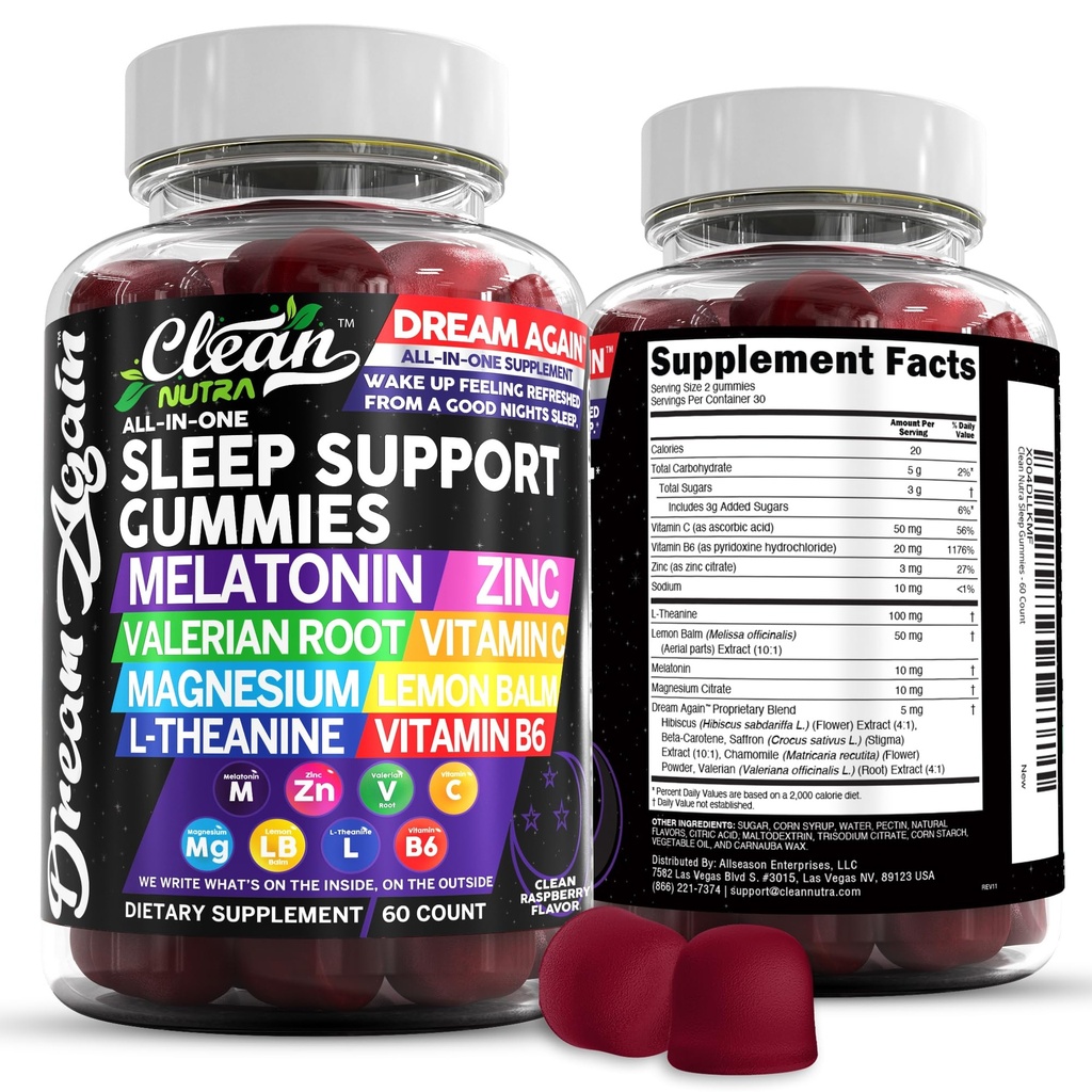 Limpeza Nutra Melatonina Gummies 10mg Ajuda ao sono Valerian Root L-Theanina Vitamina B6 C Limão Balm Magnésio Hibiscus Beta Carotene Saffron & Camomila Resto Suporte Suplemento Framboesa Flavor