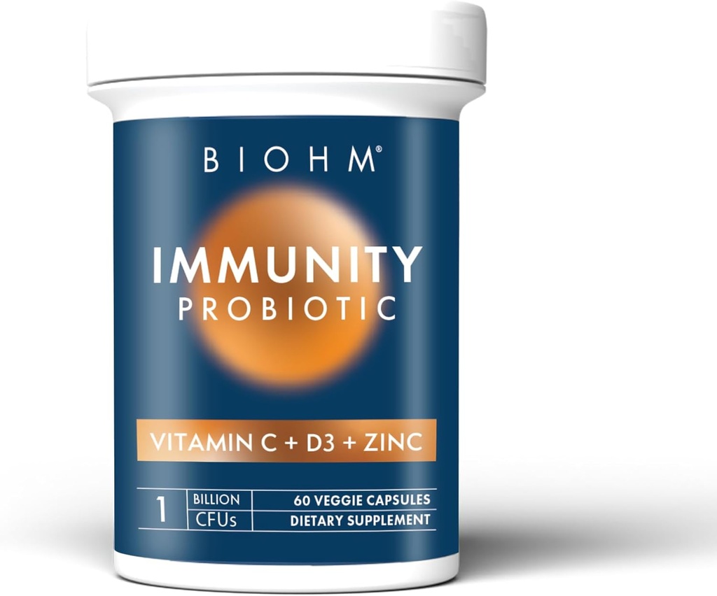 BIOHM Imunidade Probiótico com Vitamina C, D3 & Zinco, 1 bilhão UFC (60 cápsulas) Probióticos diários para mulheres e homens, Saúde Digestiva & Apoio Imune, Vegan, Sem glúten e Não-GMO