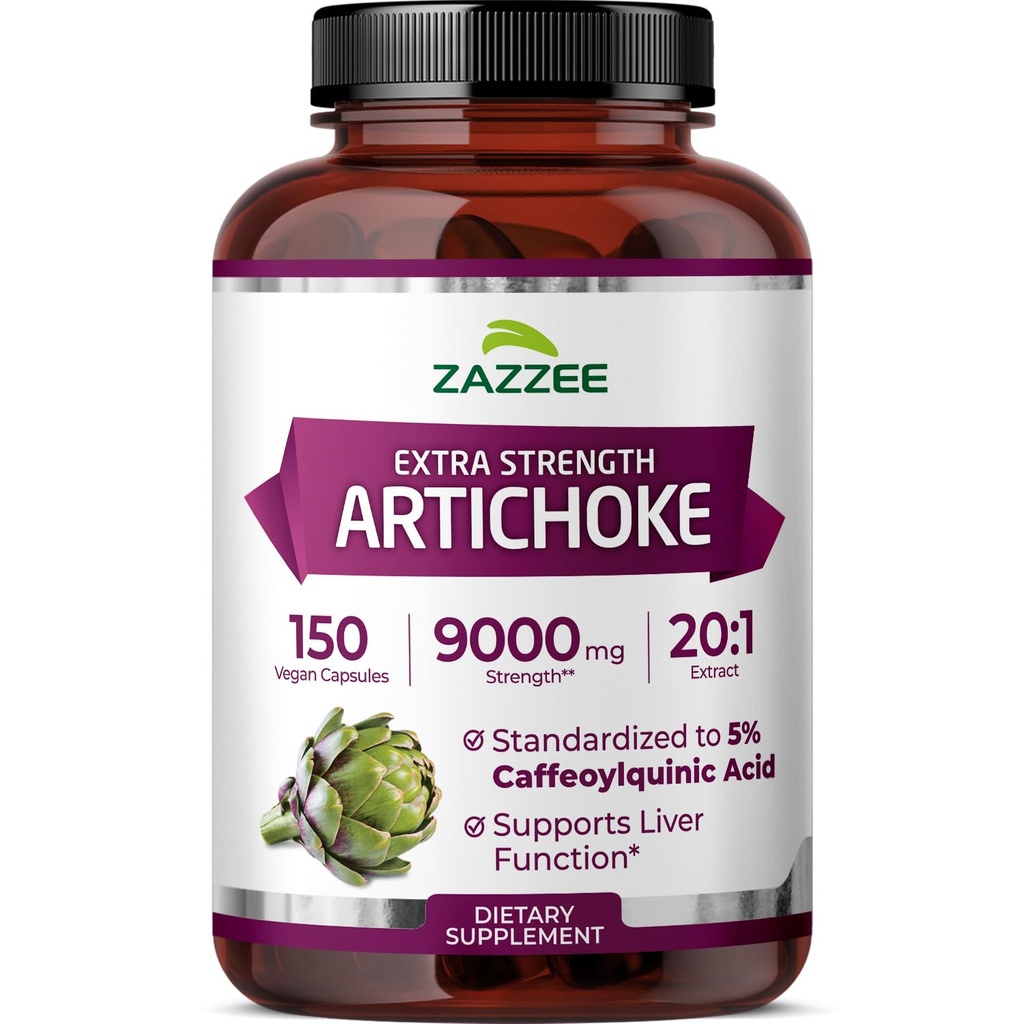 Zazzee extra força alcachofra 20:1 Extrato, 9000 mg de força, 5% de ácido cafeoilquínico, 150 cápsulas Vegan, 5 Mês de fornecimento, concentrado e padronizado 20X Extrato, Não-GMO e All-Natural