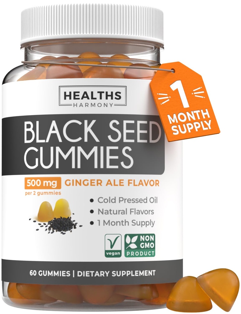 Pastilhas de óleo de semente preta - Natural Ginger Ale Flavor (Não-GMO & Vegan) Frio-Pressed Nigella Sativa Produzindo Puro Black Cumin Seed Oil - 500mg Por 2 Gummy Serving