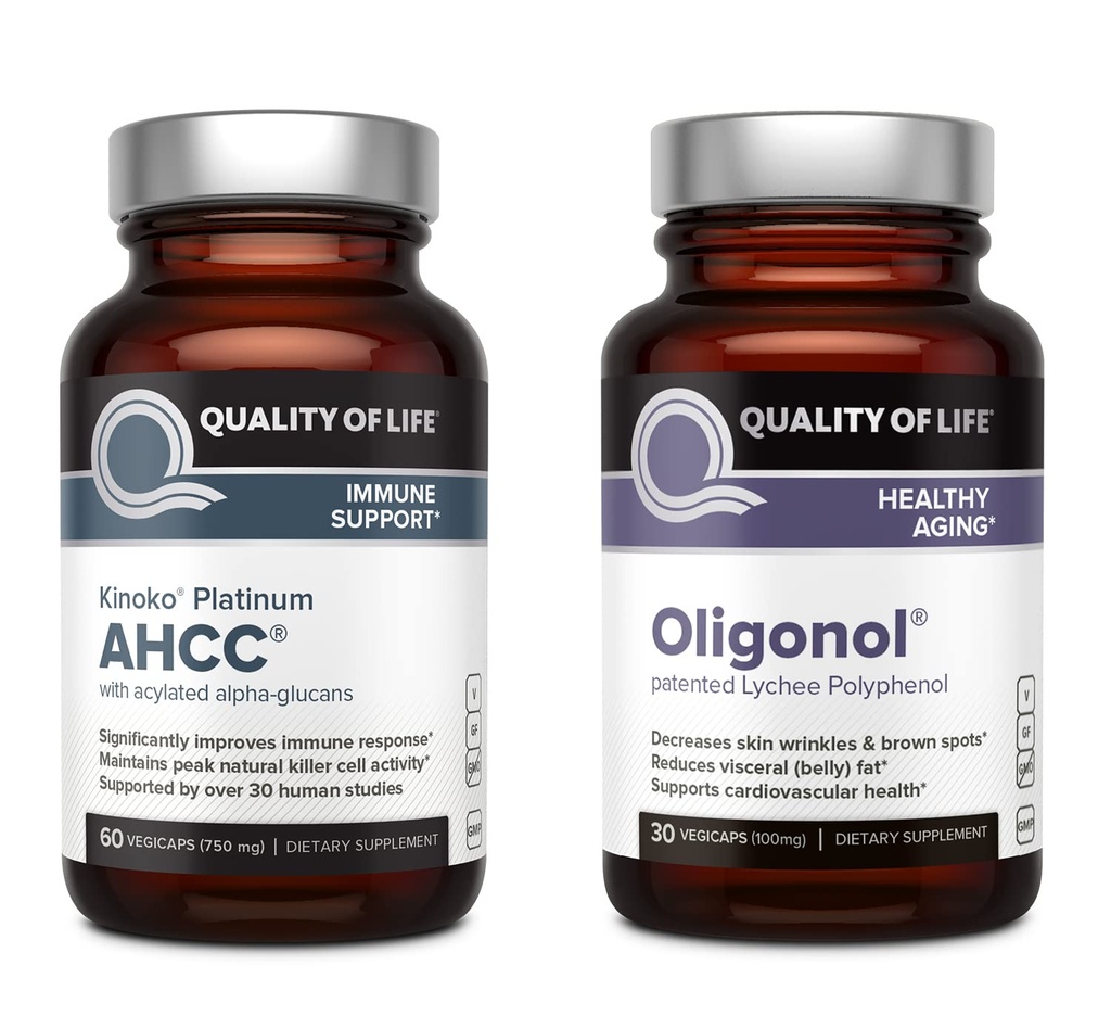 Qualidade de Vida Kinoko Platinum AHCC 750 mg e Oligonol Lychee Extract - para suporte imunológico, envelhecimento saudável