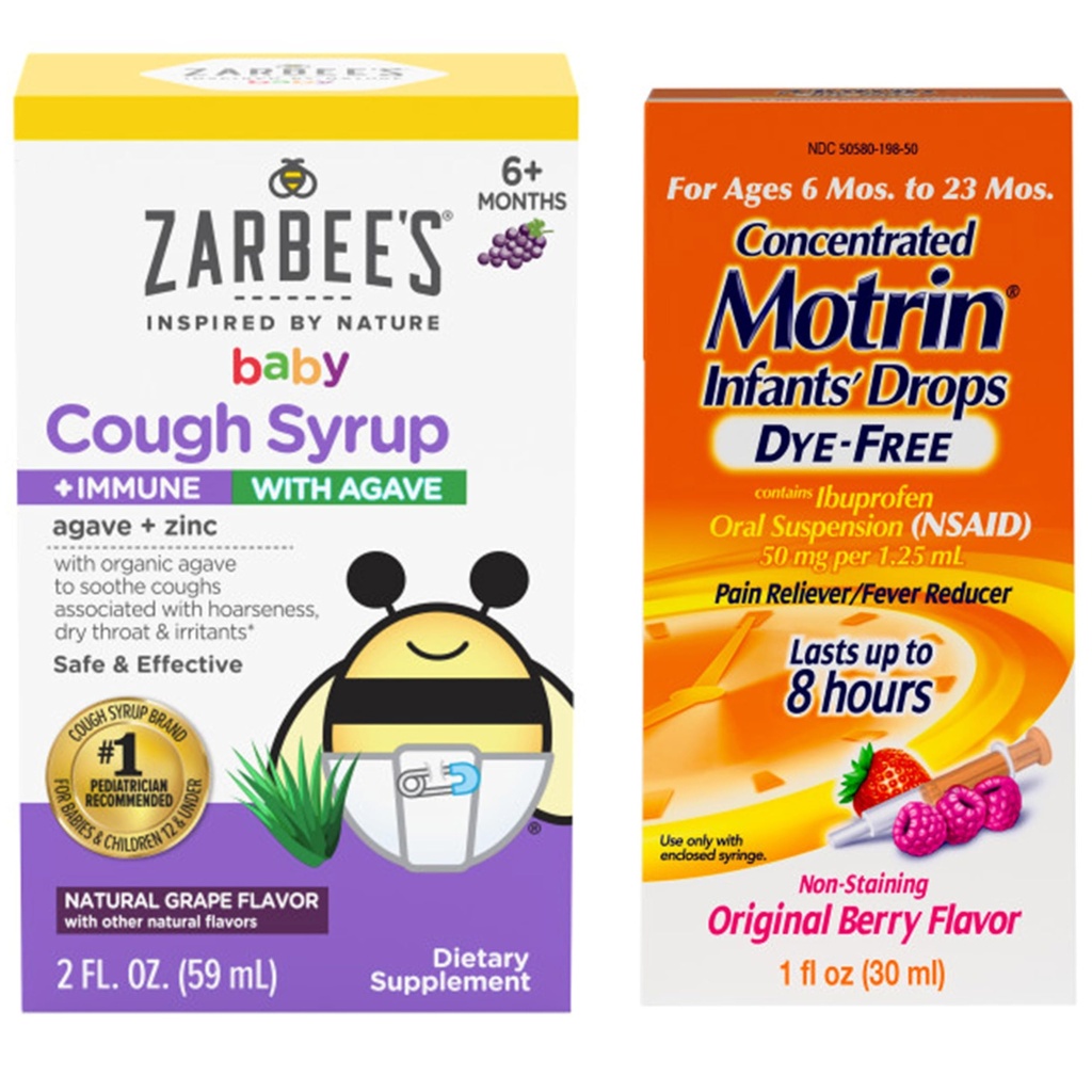 Motrin e Zarbee's Essentials for Infants Infants' Concentrated Liquid Medicine Drops with Ibuprofen and Zarbee's Baby Tosse syrup + Imune with Organic Agave + Zinc