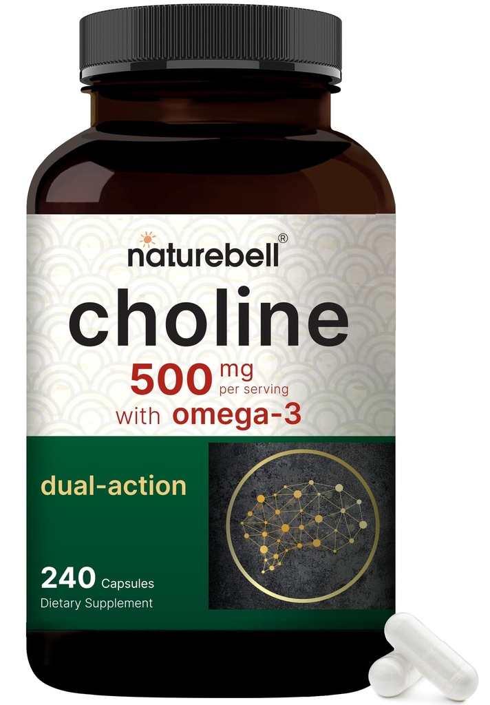 NatureBell Choline Supplements 500mg com ácidos gordos Ômega-3, 240 Cápsulas – Suporte pré-natal durante a gravidez – promove energia, fígado, cérebro e saúde cognitiva