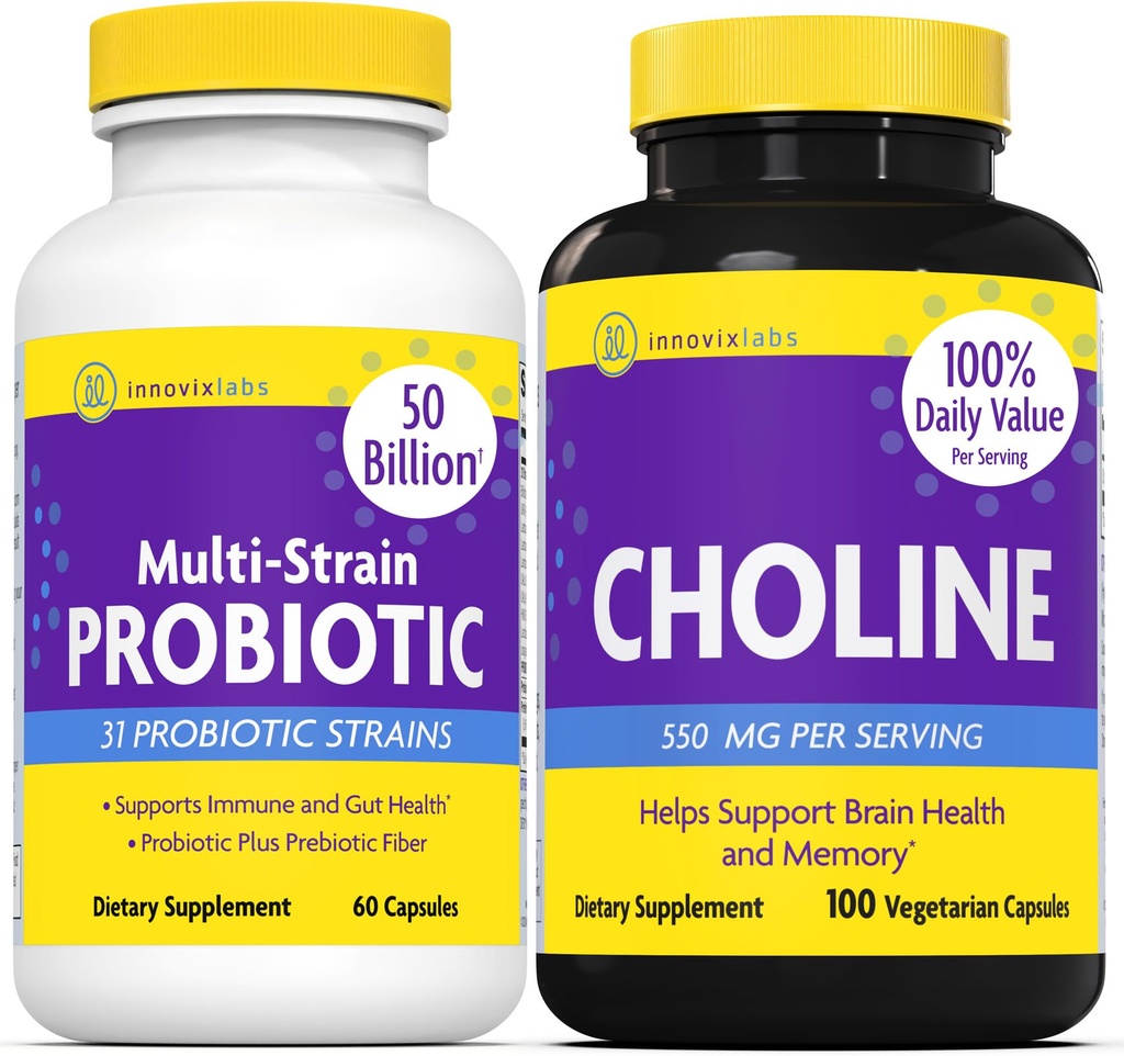 InnovixLabs Choline & Multi Probiótico Bundle Choline Bitartrate 550mg (100 Cápsulas) Multi Probióticos de Deformação (60 Cápsulas). Suporta memória, humor, saúde cerebral e aumentar o cognitivo.*
