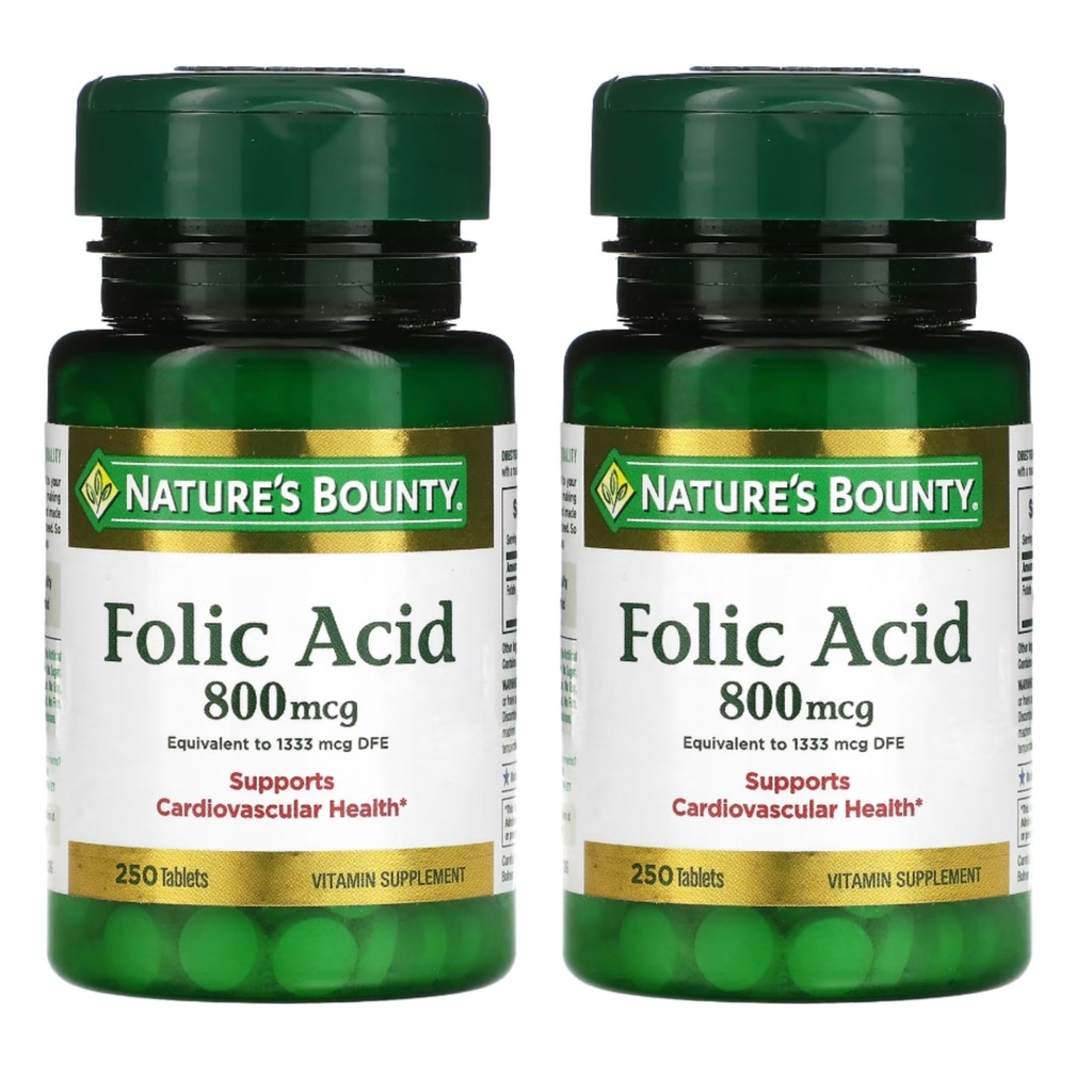 Ácido Fólico Bounty da Natureza 800 mcg Vitamina Suplemento Teor máximo - 250 Comprimidos, Embalagem de 2