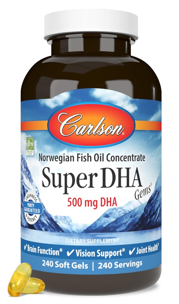 Carlson Super DHA Gems - 500 mg Suplementos DHA, 640 mg ácidos gordos, Concentrado de óleo de peixe norueguês, Wild-Caught, Cápsulas de óleo de peixe de origem sustentável, 240 Softgels