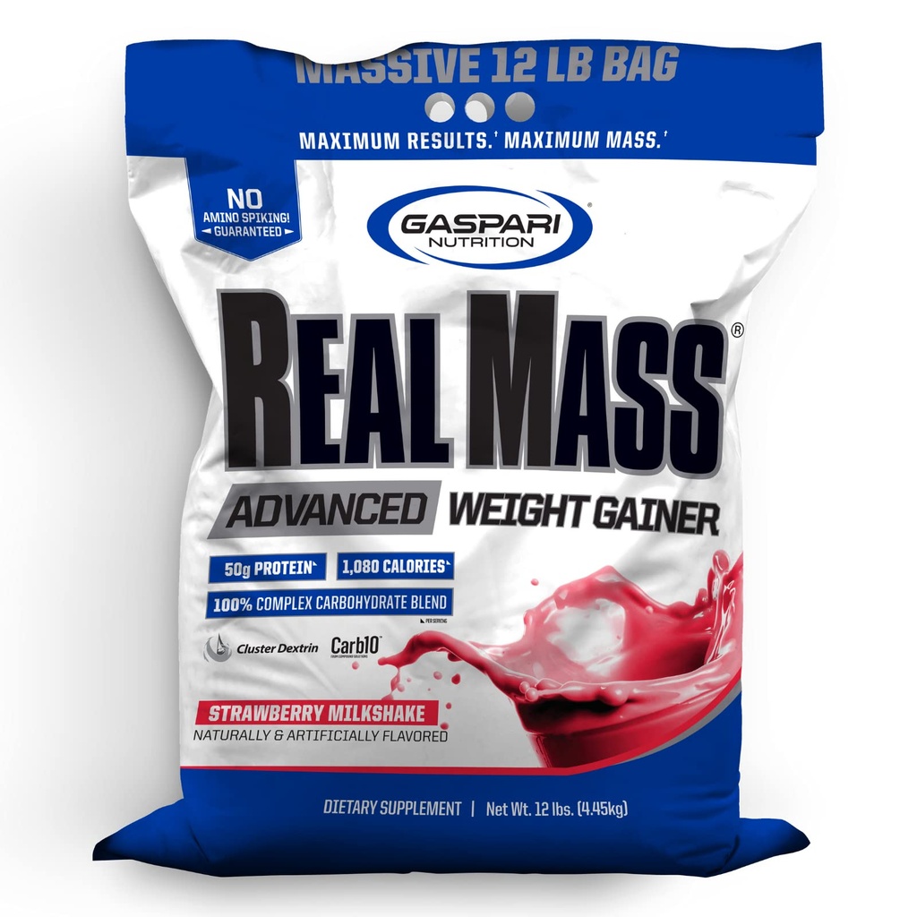 Massa real da nutrição de Gaspari: ganho de peso avançado, proteína e mistura complexa de carboidratos, 50g de proteína, 16g EAAs, sem glúten, 12 lbs (Strawberry Milkshake)