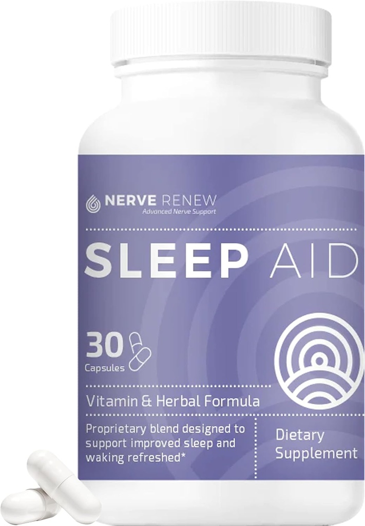 NERVE RENEW Sleep Aid - Suplemento dietético para melhor sono - 30 Cápsulas - Obras rápidas - Gentil fórmula de ervas e vitaminas naturais com melatonina, magnésio, zinco, aminoácidos, extratos de ervas