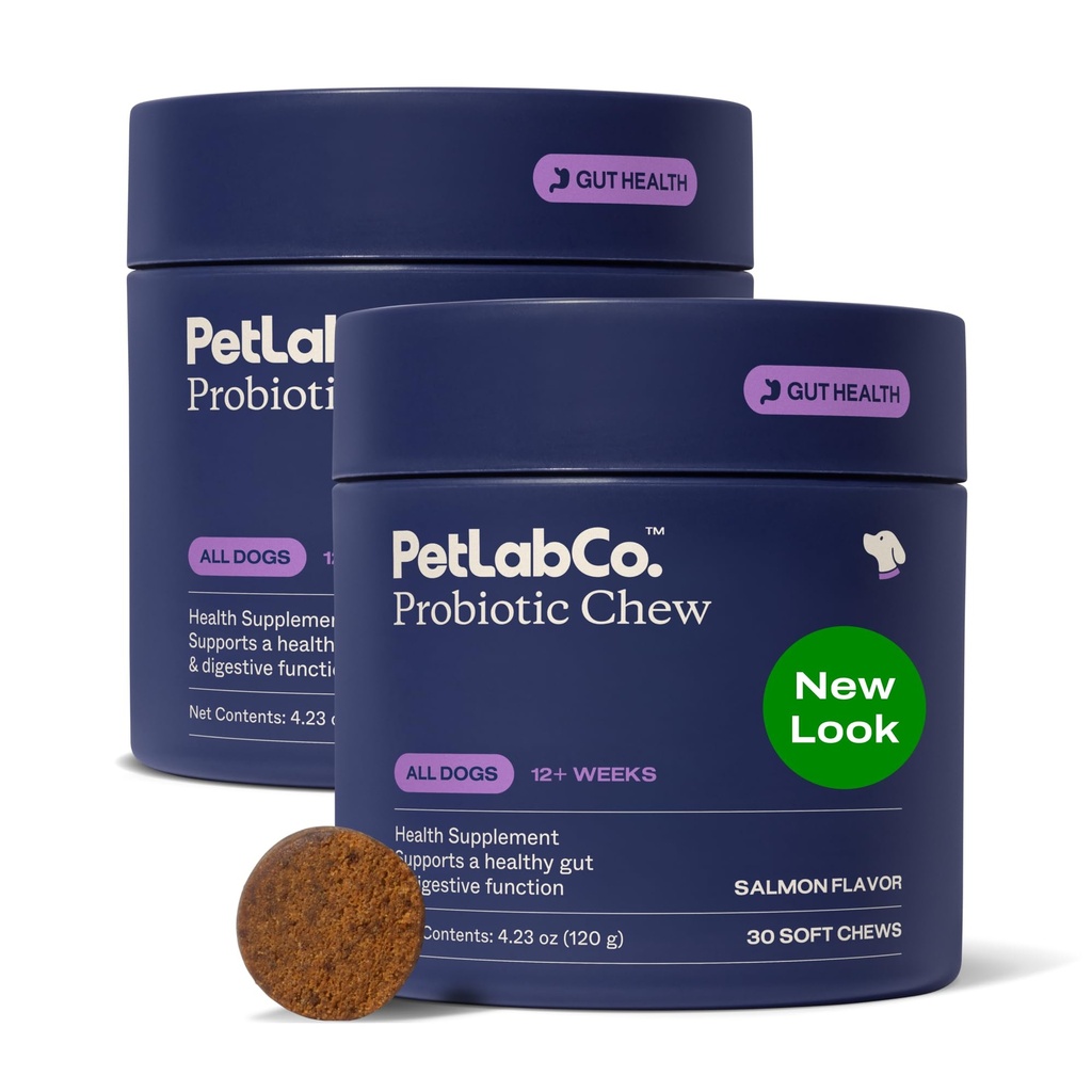PetLab Co. Probióticos para cães, Gut de apoio de saúde, Diarréia Ocasional, Saúde Digestiva & Alergias Sazonais - Sabor de salmão - Pacote de maio Vary - 30 pacote de mastigação suave de 2