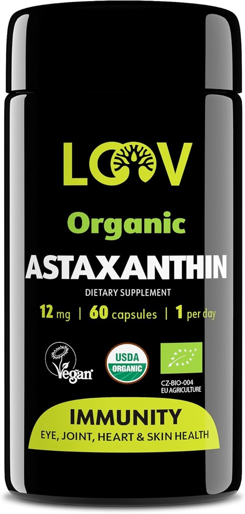LOOV Natural Orgânica Astaxantina 12mg – 60-Dia de Fornecimento – Máximo Antioxidante de Força – Olho, Articulação, Pele, Imunidade – de Microalgas – Não-GMO, Vegan, Sustentável