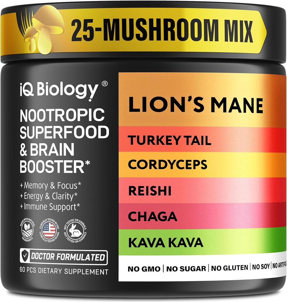 Kava Kava Root Cordyceps Lions Mane Reishi Mushroom Supplement, Nootropic Mushrooms Cápsulas Kava Kava Extract, Mushroom Vitaminas para Mulheres, Ashwagandha, Magnésio - 60 Caps (1 embalagem)