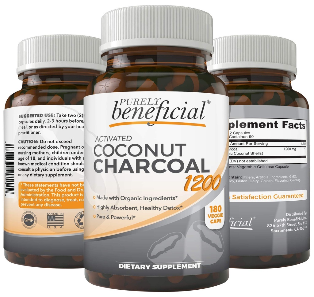 Carvão de coco ativado 1200mg, 180 Cápsulas - Comprimidos para Sistema Digestivo, Bloating, Vegan (1 garrafa)