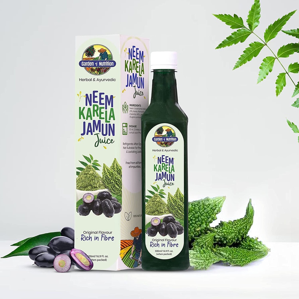 Jardim de NUTRIÇÃO Herbal e Ayurvedic Neem Karela Jamun Juice □ Sabor original □ Rico em fibra □ 100% puro suco de ervas (500ml) Pacote de 1