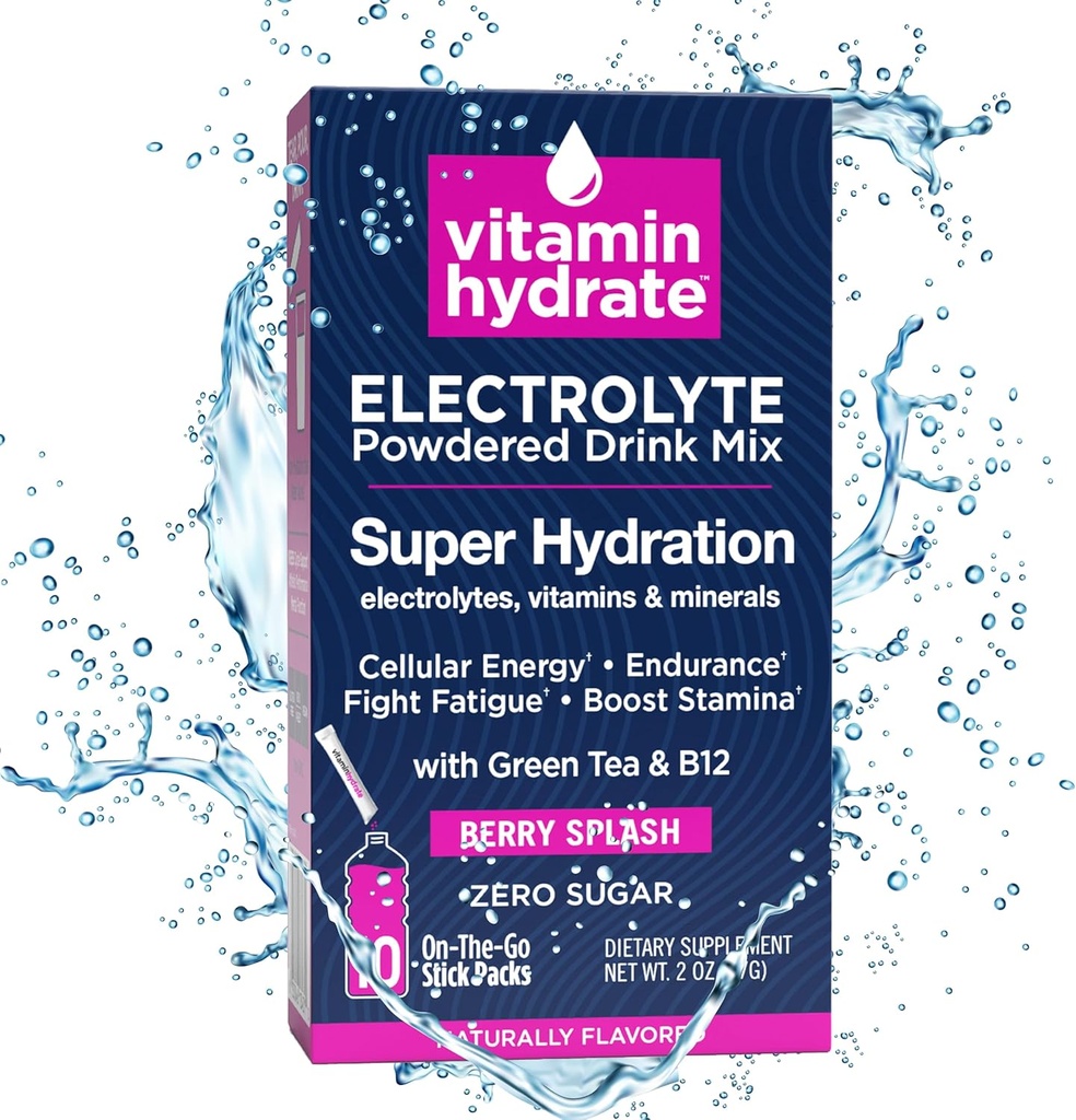 Mistura de bebida em pó de Hidrato de Vitamina, Super Hidratação, Aumenta a resistência e luta fadiga, Bursting com eletrólitos, vitaminas e minerais, 0 Açúcar, Berry Splash, 10 Stick Packs