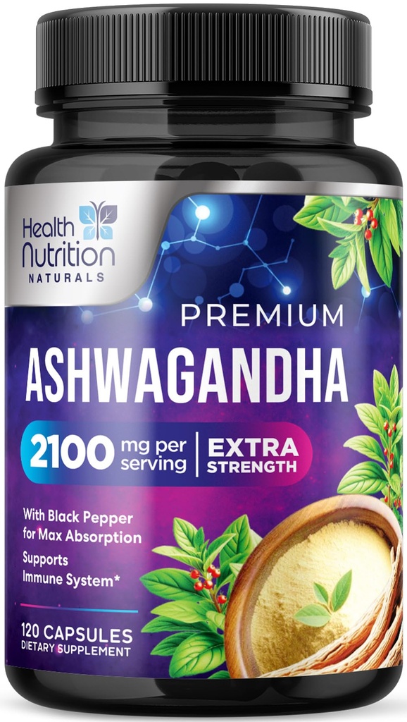 Suplementos Ashwagandha - 2100mg Cápsula Ashwagandha para Mulheres e Homens, Suporte Antioxidante Natural, Extrato de Raiz de Ashwa, Apoio calma de força extra com pimenta preta, Vegan & Gluten Free - 120 Cápsulas