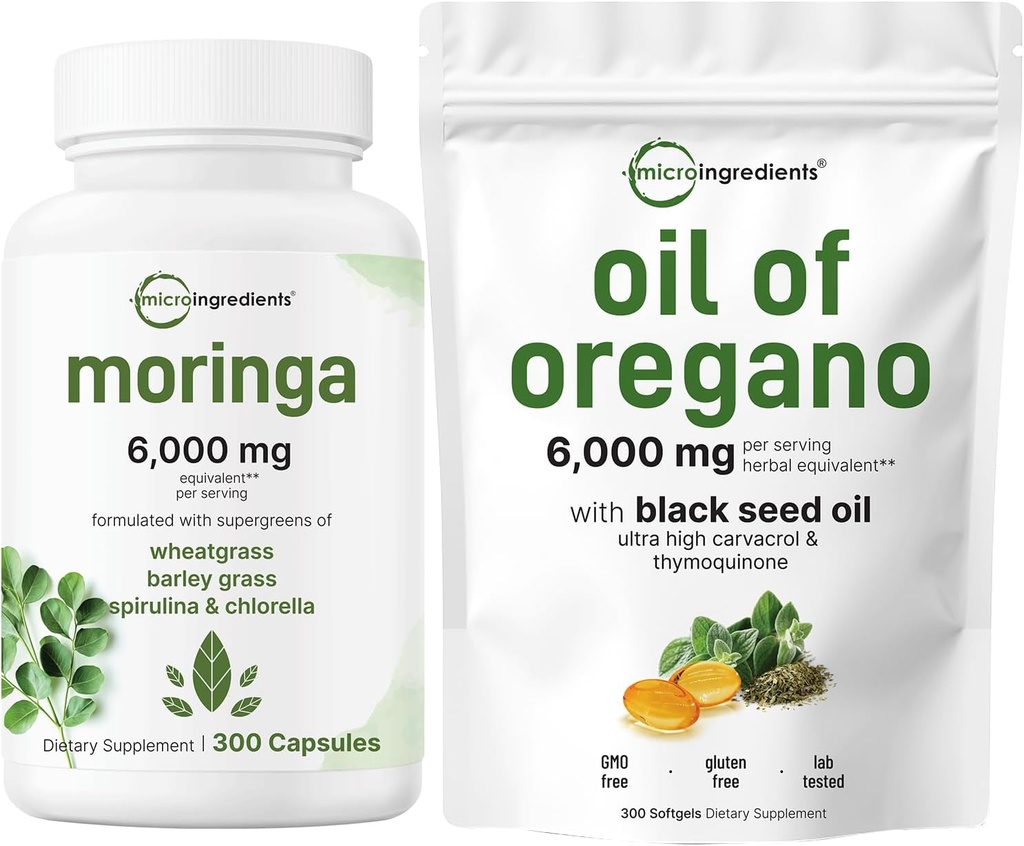 Micro Ingredientes Óleo de Orégano Softgels 300 Count & Moringa Oleifera 6.000mg Equivalente 300 Cápsulas Bundle 2 Pack