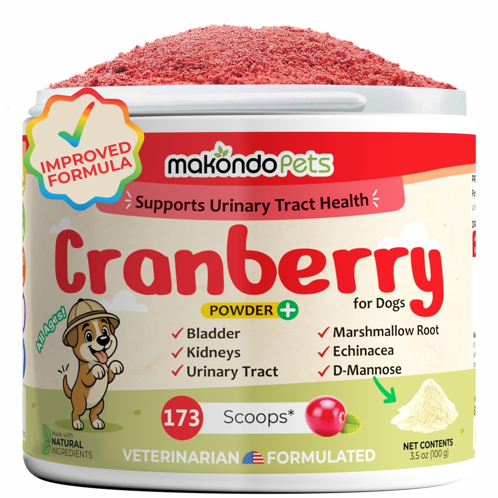 Cranberry para cães em pó - Saúde do trato urinário, ITU cão, Suporte de bexiga, Pedras de bexiga, Suporte de incontinência, Suplemento de cranberry - Sabor Bacon (100 Scoops)