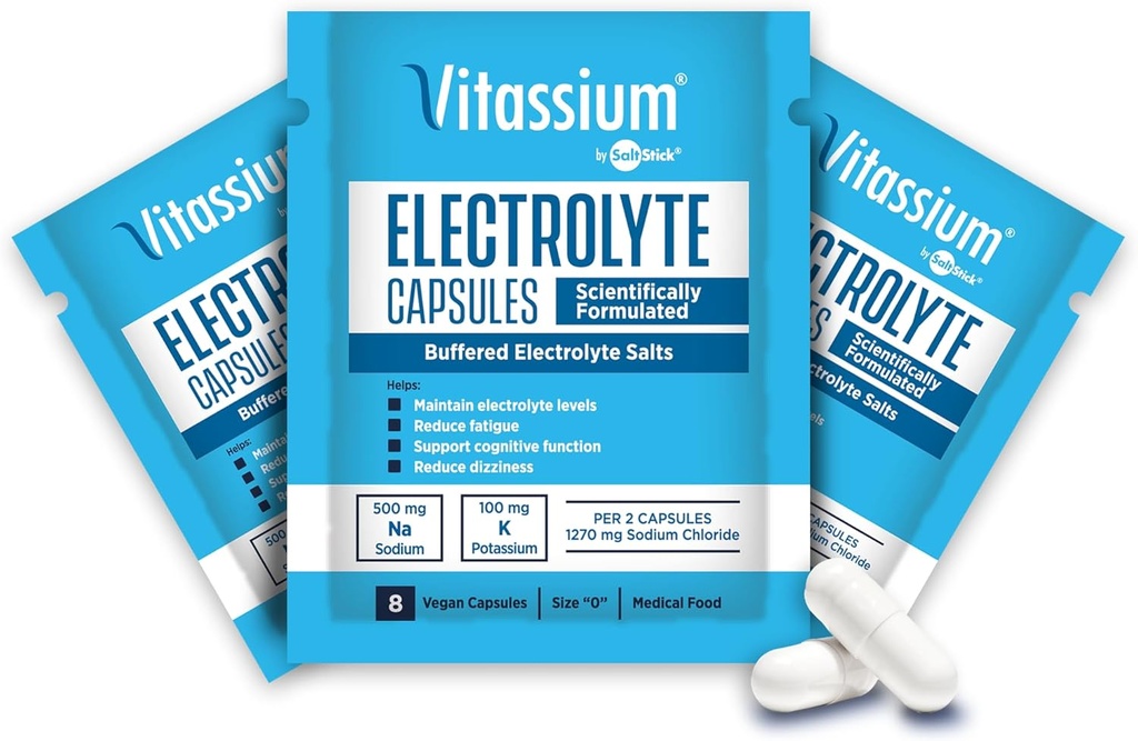 Cápsulas de Vitássio, Eletrólitos para Gestão Dietária dos Sintomas da Síndrome POTS (500mg de Sódio - 100mg de Potássio), 240 Cápsulas de Sal Buffered